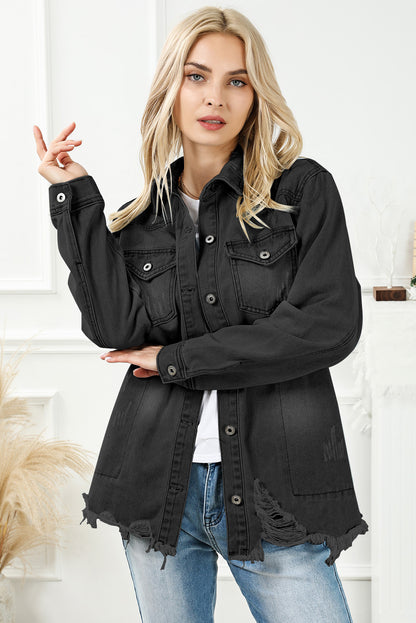 Distressed Button Up Frayed Hem Denim Jacket - A stylish denim jacket showcasing a model's blonde wavy hair and fashionable casual outfit.