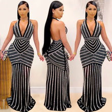 Load image into Gallery viewer, Black &amp; Silver Sheer Backless Evening Dress with Rhinestones
