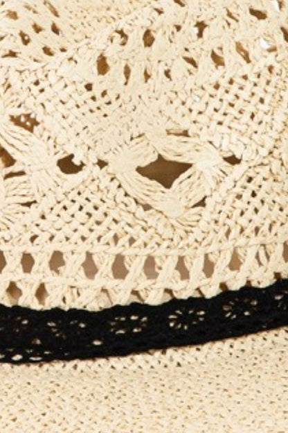 Elegant crochet brim hat with intricate openwork lace detail in a neutral beige tone.