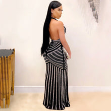 Load image into Gallery viewer, Black &amp; Silver Sheer Backless Evening Dress with Rhinestones