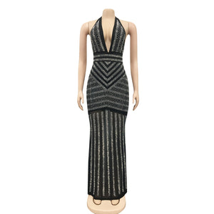 Black & Silver Sheer Backless Evening Dress with Rhinestones