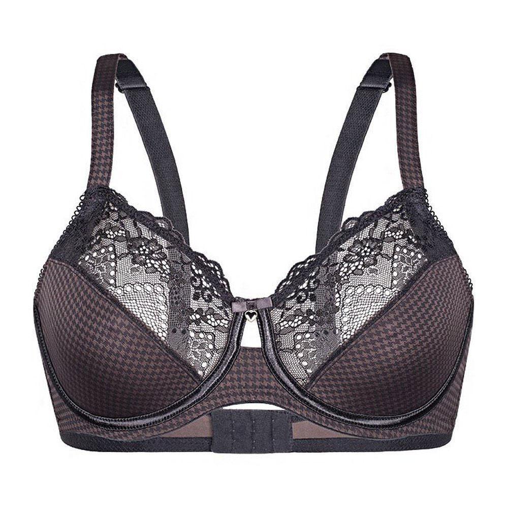 Elegant black lace-accented full-figure brassiere with supportive structured cups and adjustable straps