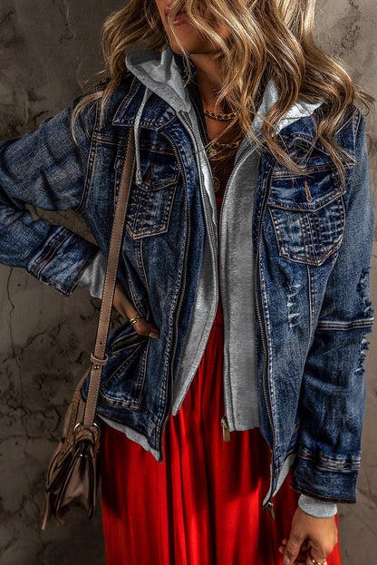 Contrast Zip-Up Hooded Denim Jacket worn over a red dress, creating a stylish casual look.