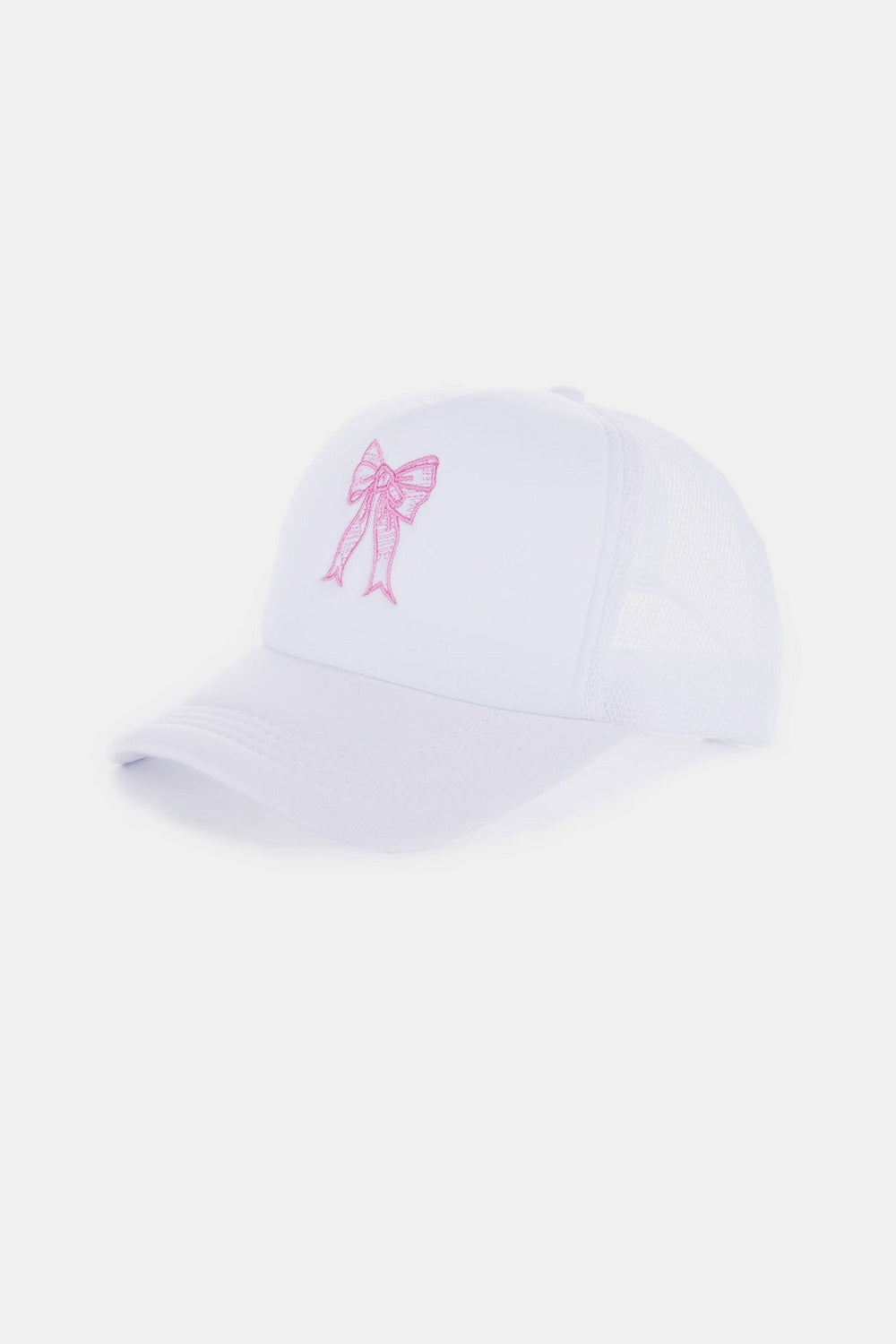 White trucker hat with pink ribbon bow embroidery