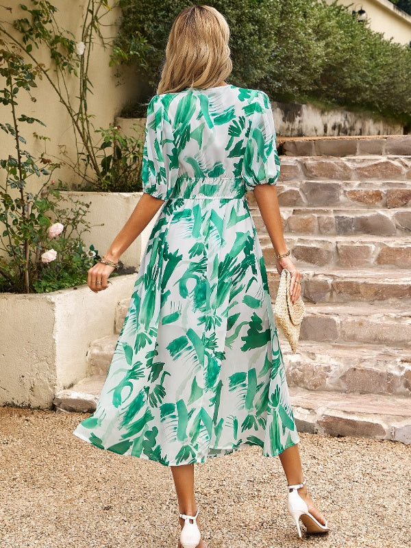 Devine Smocked Printed V-Neck Half Sleeve Midi Dress