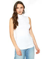 Fitted white turtle neck top worn by female model with long wavy brown hair