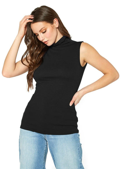 Sleek black turtleneck top with figure-flattering fit, showcasing elegant model's long, wavy hair and casual denim ensemble.