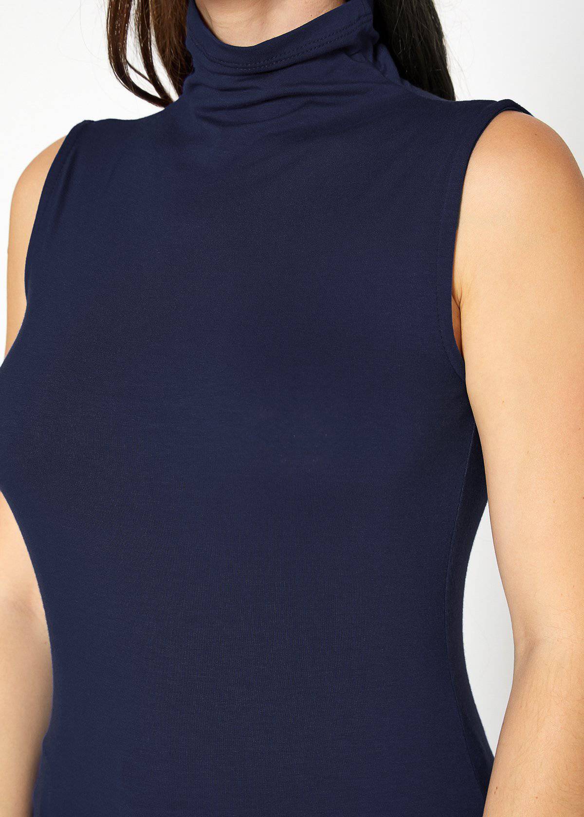 Navy blue sleeveless turtle neck fitted top