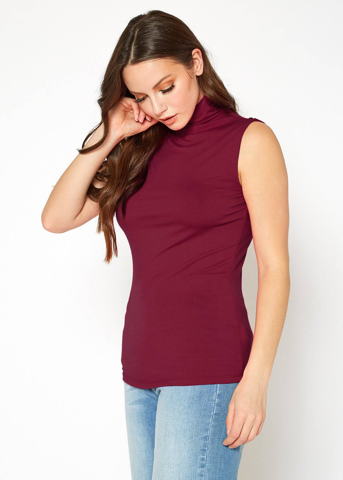 Sleeveless burgundy turtleneck top with slim fit for fashionable women