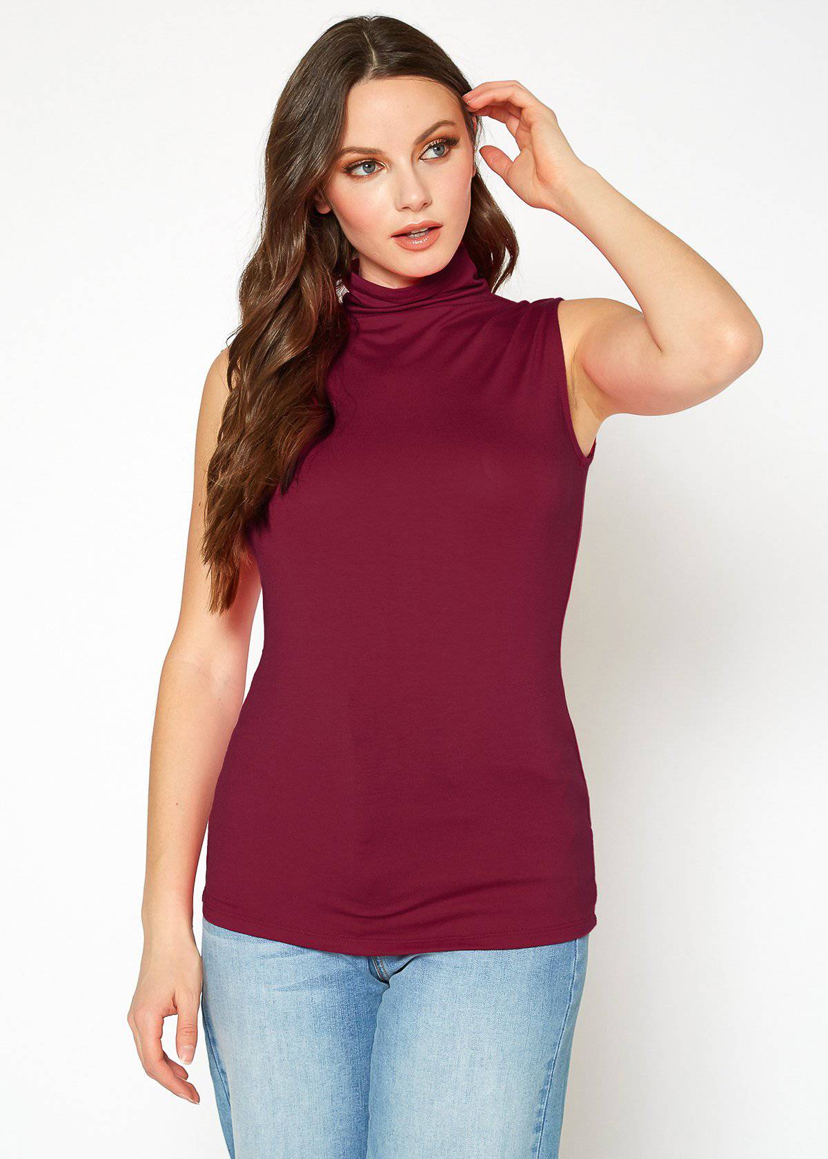 Sleeveless maroon turtleneck top with figure-flattering design for the modern fashionista.