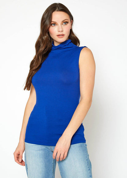 Women's Sleeveless Turtle Neck Fitted Top in vibrant blue by Lemon Hera, showcasing a classic, form-fitting silhouette.