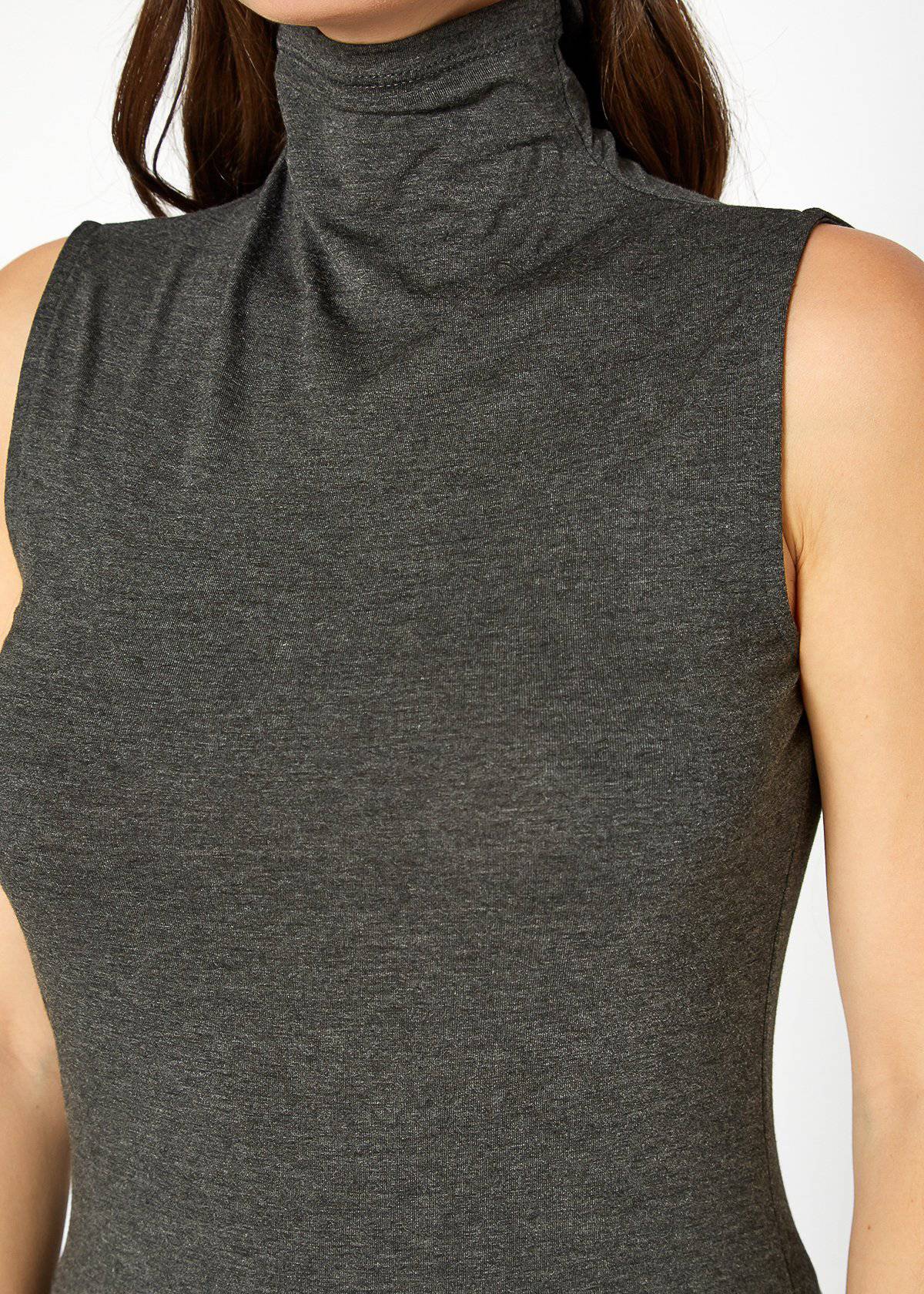 Women's sleeveless gray fitted turtle neck top by Lemon Hera brand.