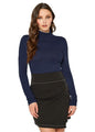 Stylish navy blue turtleneck sweater worn by woman with long wavy hair, showcasing a fitted, figure-flattering design.