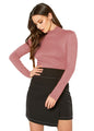 Slim-fitted women's long sleeve turtle neck top in dusty rose color against a plain white background.