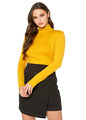 Chic women's mustard yellow long sleeve fitted turtleneck top with a black mini skirt in the product image.