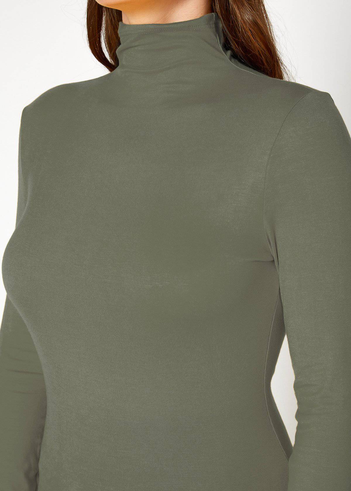 Olive green fitted turtleneck top with long sleeves