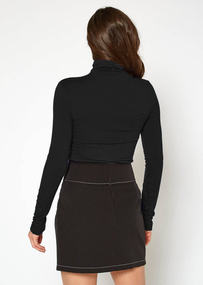 Women's Long Sleeve Turtle Neck Fitted Black Top - Sleek, form-fitting silhouette with a high neck for a polished look.