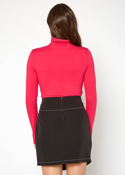 Fitted women's red turtleneck top on display against a plain white background.