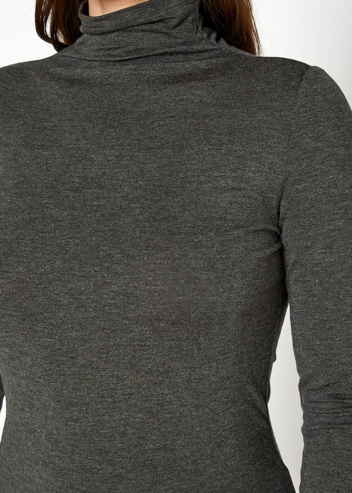 Women's Long Sleeve Turtle Neck Fitted Top by Lemon Hera. Warm, charcoal gray knit top with a high collar and slim, fitted silhouette.