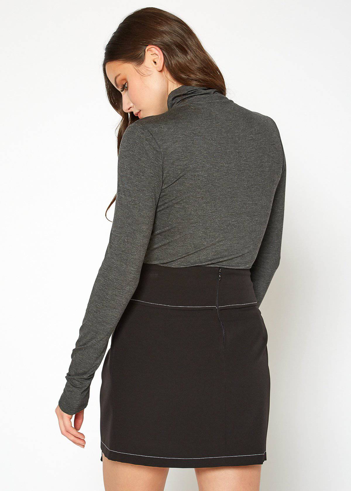 Women's Long Sleeve Turtle Neck Fitted Top by Lemon Hera - Cozy, stretch fabric in classic charcoal grey tone.