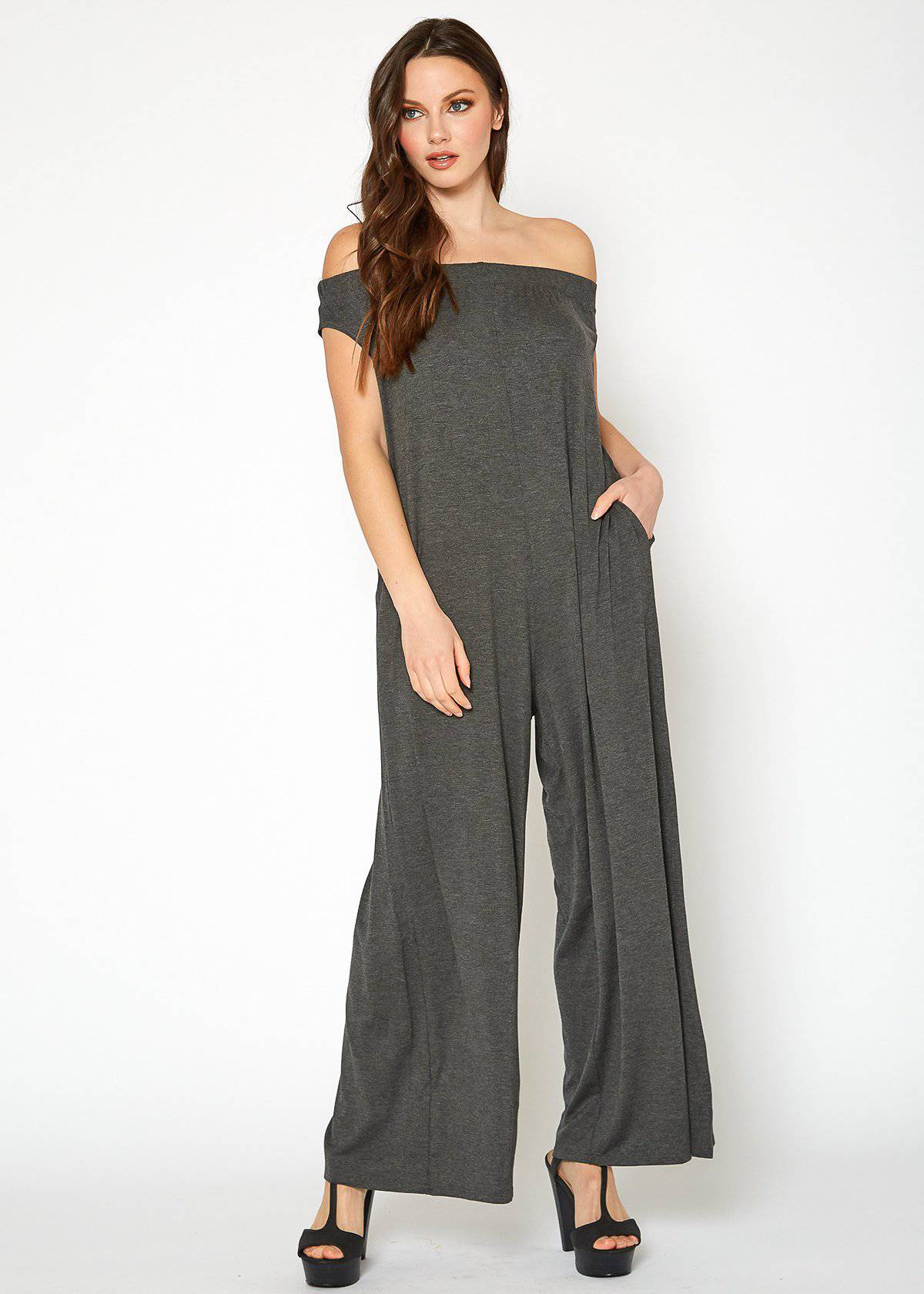 Women's Off Shoulder Wide Leg Jumpsuit With Pockets