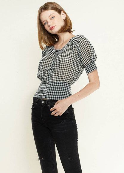 Women's Button Down Peplum Cropped Blouse in Black