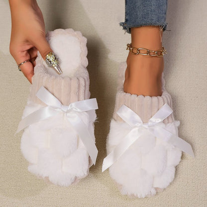 Cozy White Fur Slippers with Bow Trim