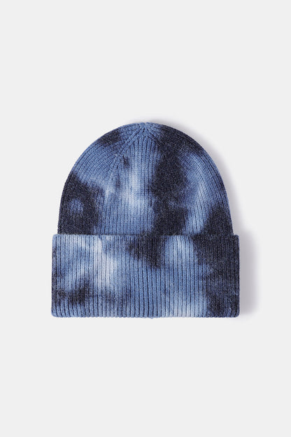 Tie-Dye Cuffed Rib-Knit Beanie Hat in Navy Blue and White Tones