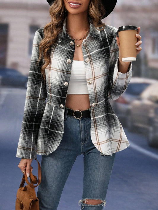 Stylish plaid button-up jacket, casual long-sleeve top, comfortable distressed denim, trendy accessories - a fashionable everyday look for the modern woman.