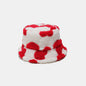 Cozy White and Red Heart Bucket Hat - Fashionable and textured bucket hat with a pattern of contrasting red hearts, perfect for casual outfits or adding a fun touch to any look.