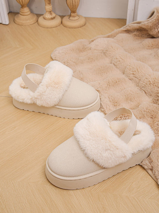 Plush Faux Fur Round Toe Platform Slippers on Wooden Floor