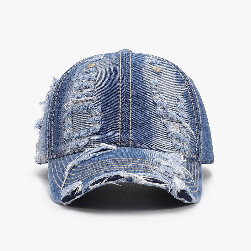 Distressed Denim Baseball Cap - Adjustable Vintage-Style Casual Hat