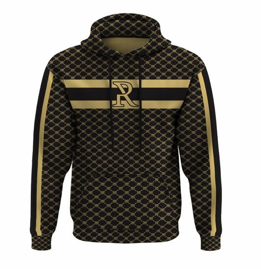 Black and gold patterned men's hoodie featuring the letter "R" logo and striped design elements.