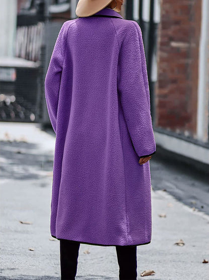 Elegant purple long coat with contrast trim, perfect for casual wear