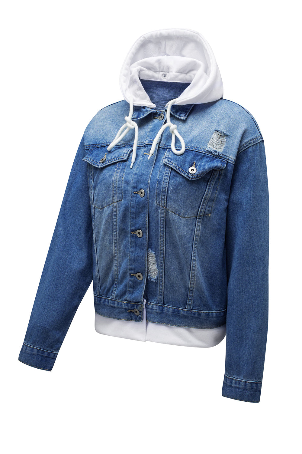 Distressed denim jacket with casual hooded design, perfect for everyday wear.