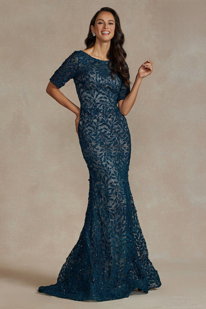 Indigo Teal  Mermaid Embroidered Lace  Mother of the Bride Dress