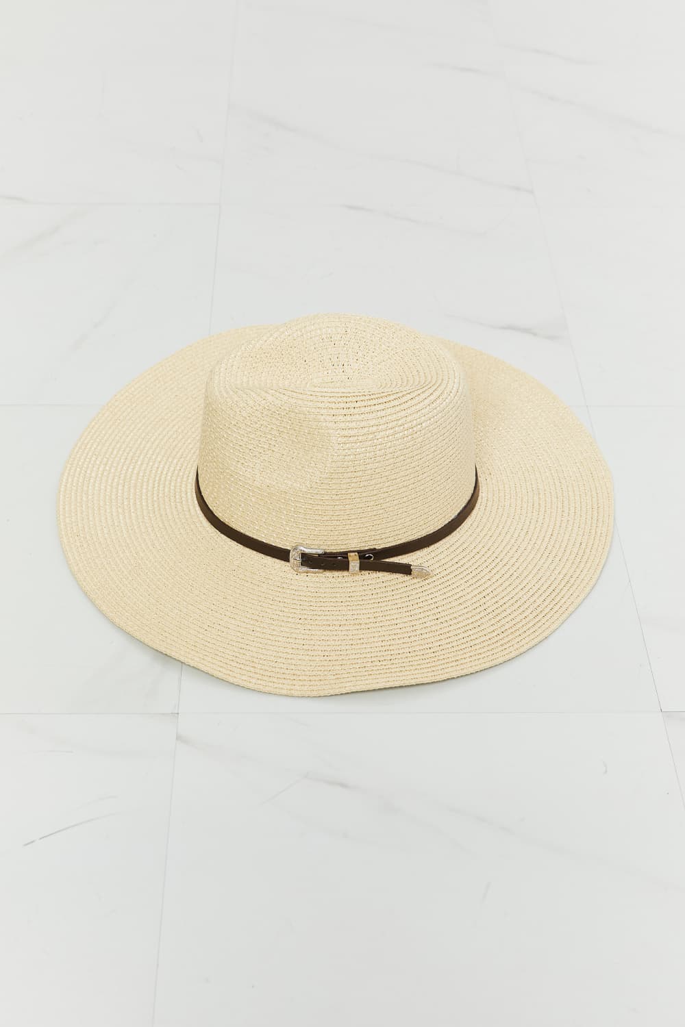 Beige boho summer straw fedora hat with brown band