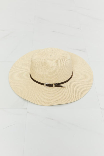 Beige boho summer straw fedora hat with brown band