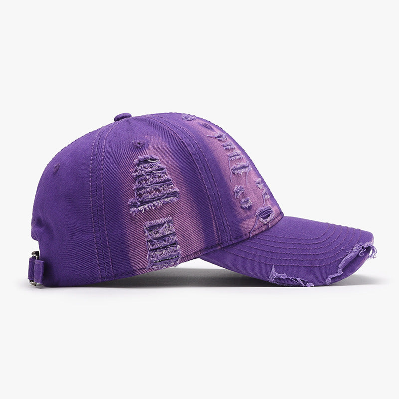 Distressed Adjustable Purple Cotton Baseball Cap with Textured Design