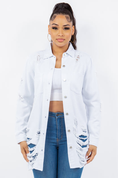 Distressed denim jacket with button-up design, perfect casual wear for the fashion-forward woman.