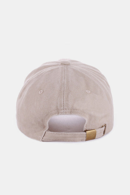 Zenana Washed DALLAS Embroidered Tan Baseball Cap featuring a soft cotton fabric, adjustable strap, and embroidered logo design.