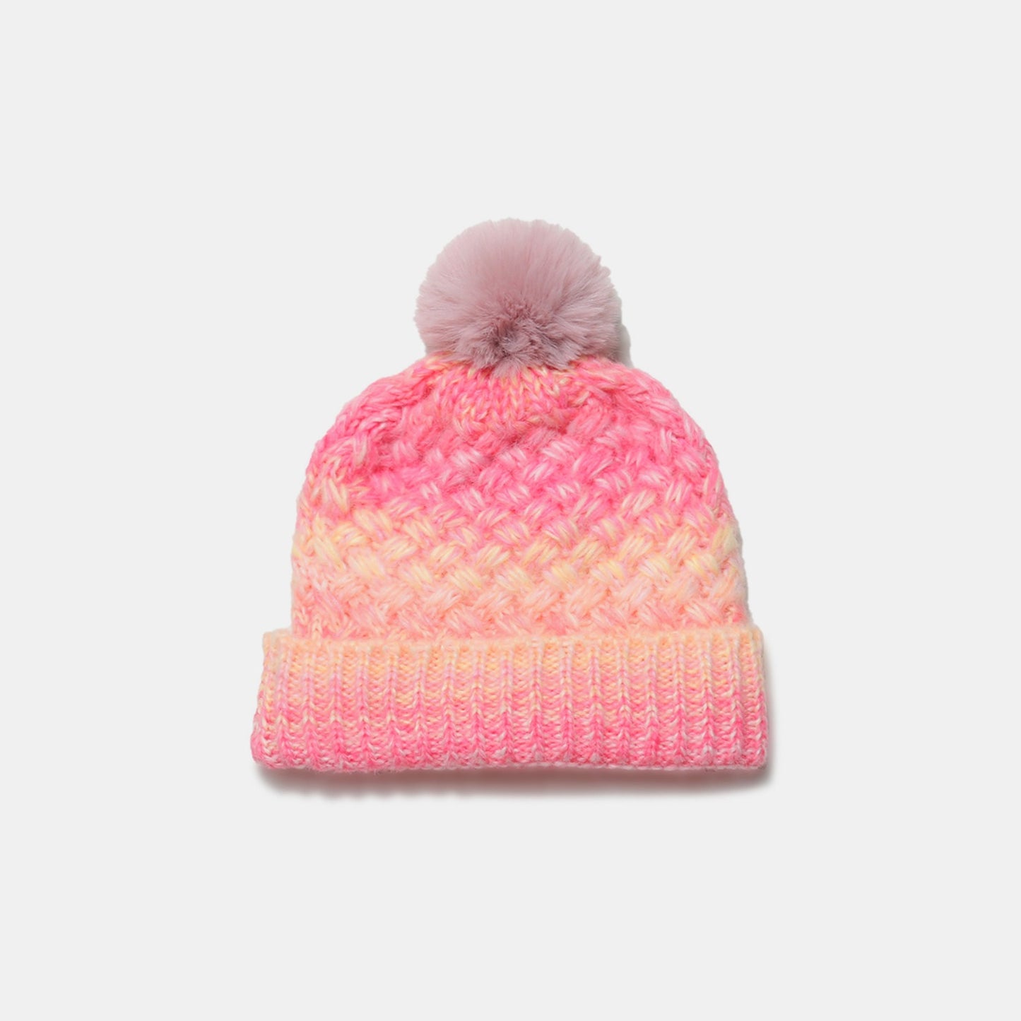 Gradient Knit Hat with Pompom - Vibrant crocheted beanie with a soft pom-pom accent, in a stylish ombre pattern.