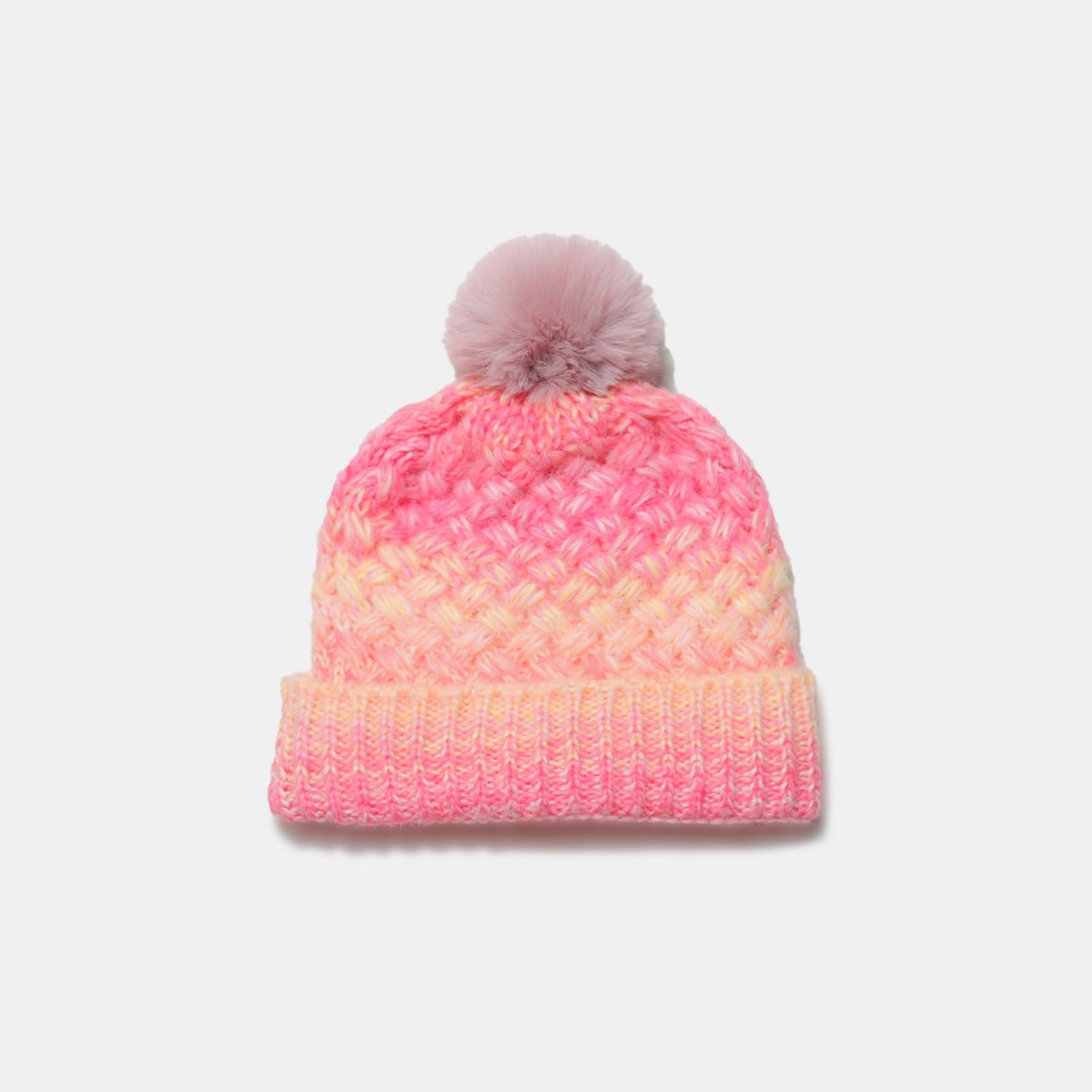 Gradient Knit Hat with Pompom - Vibrant crocheted beanie with a soft pom-pom accent, in a stylish ombre pattern.