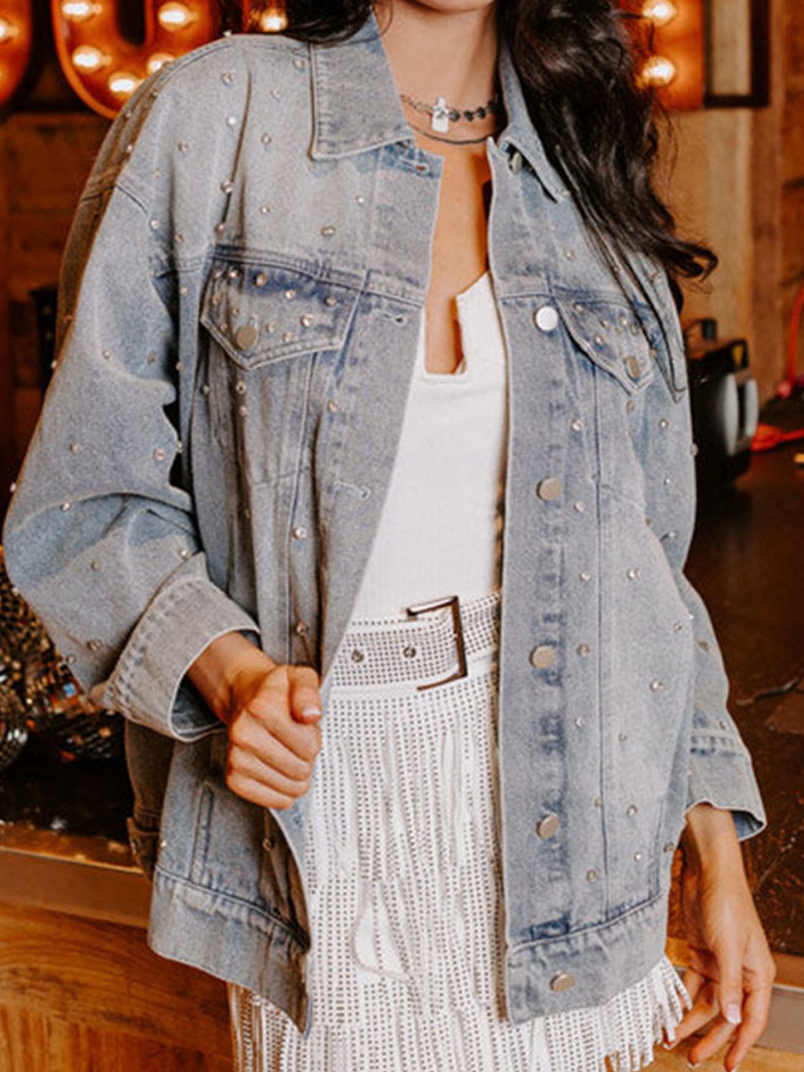 Rhinestone Detail Denim Jacket with Oversized Fit