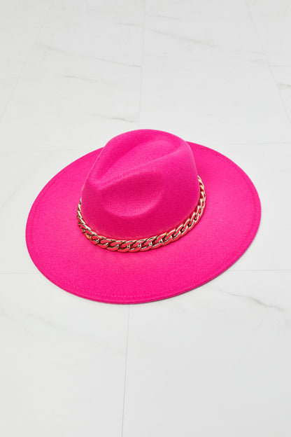 Vibrant Fuchsia Fedora Hat with Metallic Chain Accent