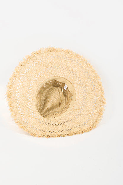 Soft, woven straw hat with open, fringed design and raw edge texture