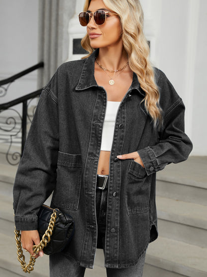 Removable Hood Button Up Long Sleeve Denim Jacket - Stylish washed black denim jacket with oversized fit, versatile layering piece