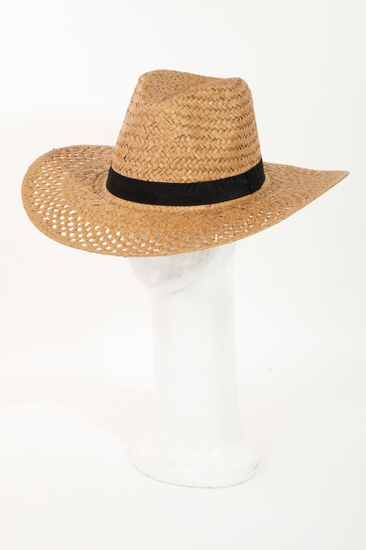 Stylish straw sun hat with a woven basket-weave design and black band for a chic, summery look.