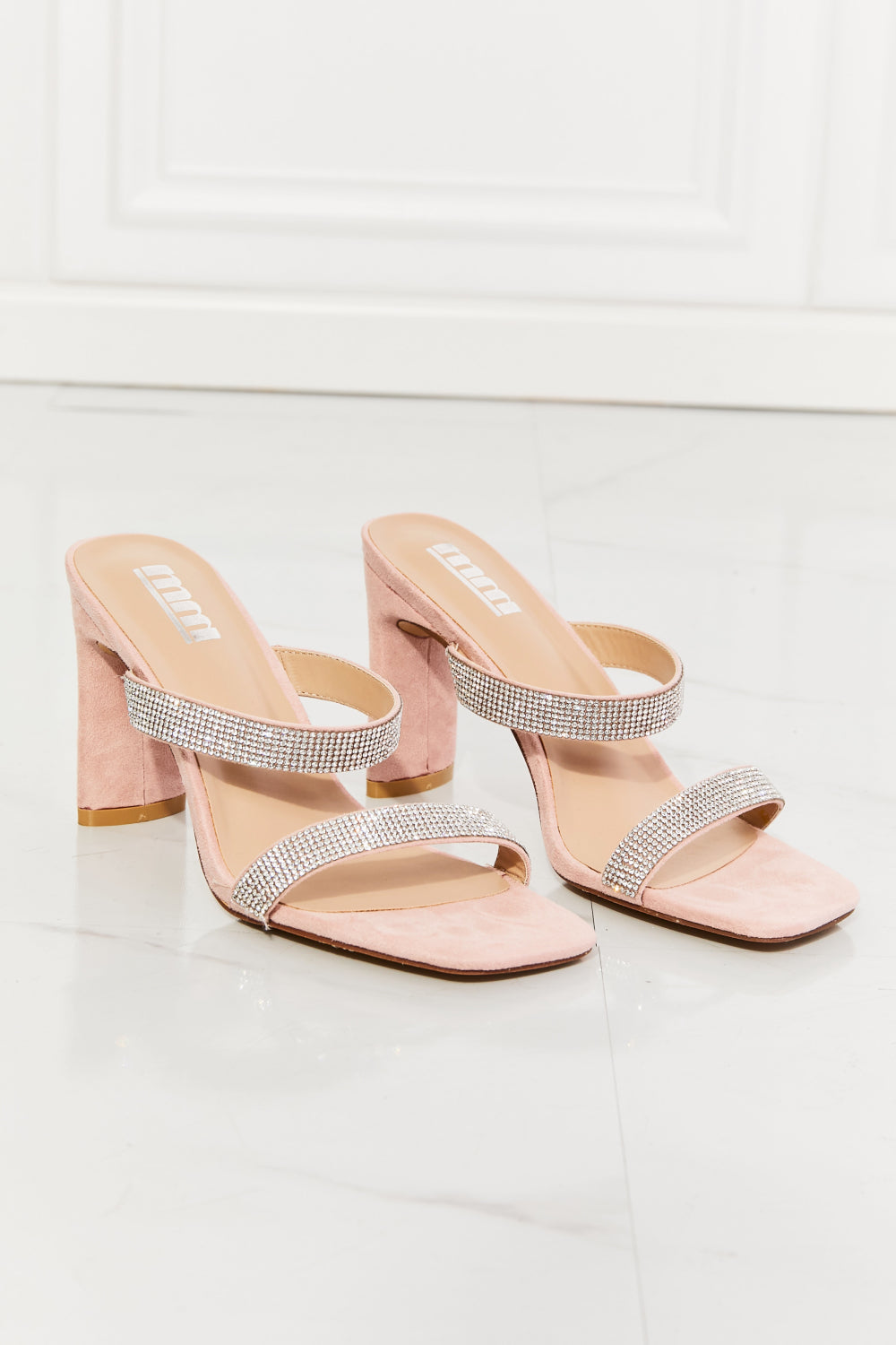 Sparkling Rhinestone Embellished Pink Block Heel Sandals