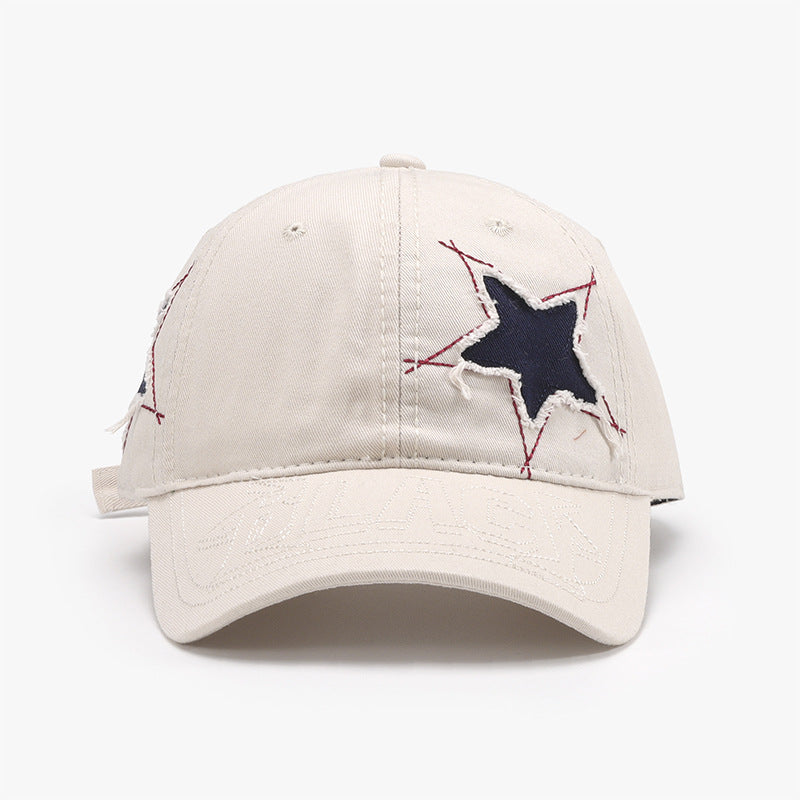 Adjustable Star Raw Hem Cap - Stylish beige baseball cap with embroidered star pattern, versatile accessory for casual outfits.